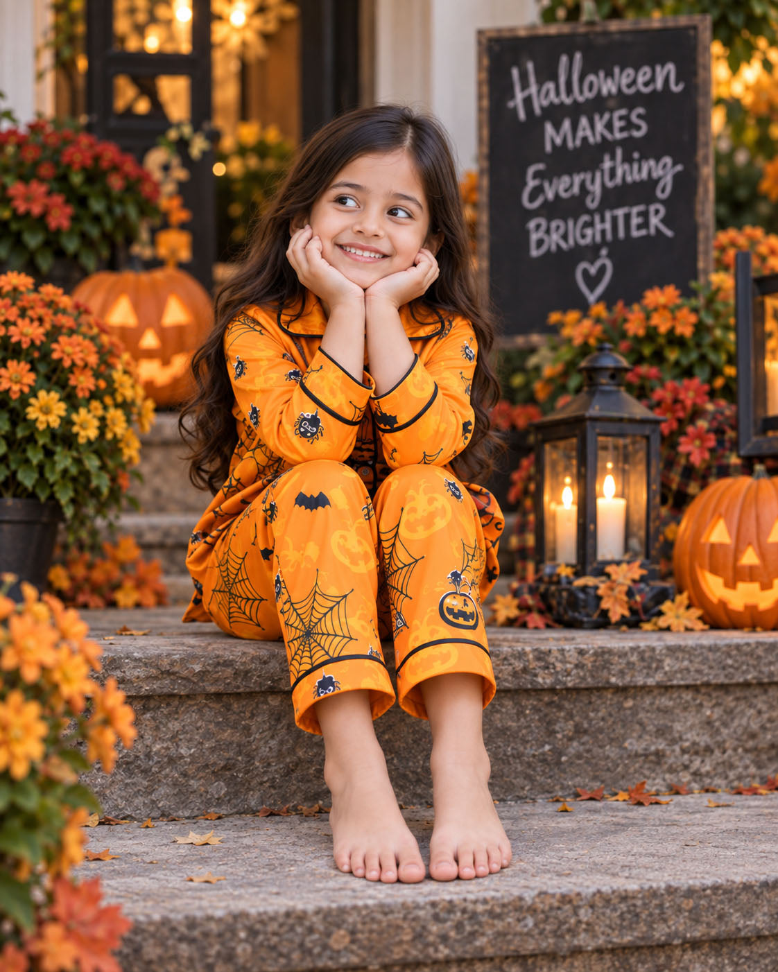 Pumpkin & Spiderweb Pure Cotton Printed Pajama Set