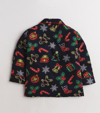 Black Printed Christmas Gift Nightsuit Set