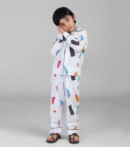 White Blocks Printed Boys Night Suit Set