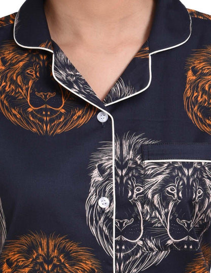 Black Leo Printed Nightsuit Set for Women