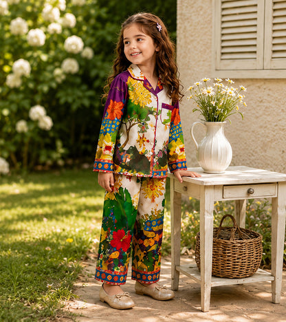 Garden Melody Printed Girls Pure Cotton Nightsuit Set
