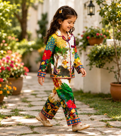 Garden Melody Printed Girls Pure Cotton Nightsuit Set