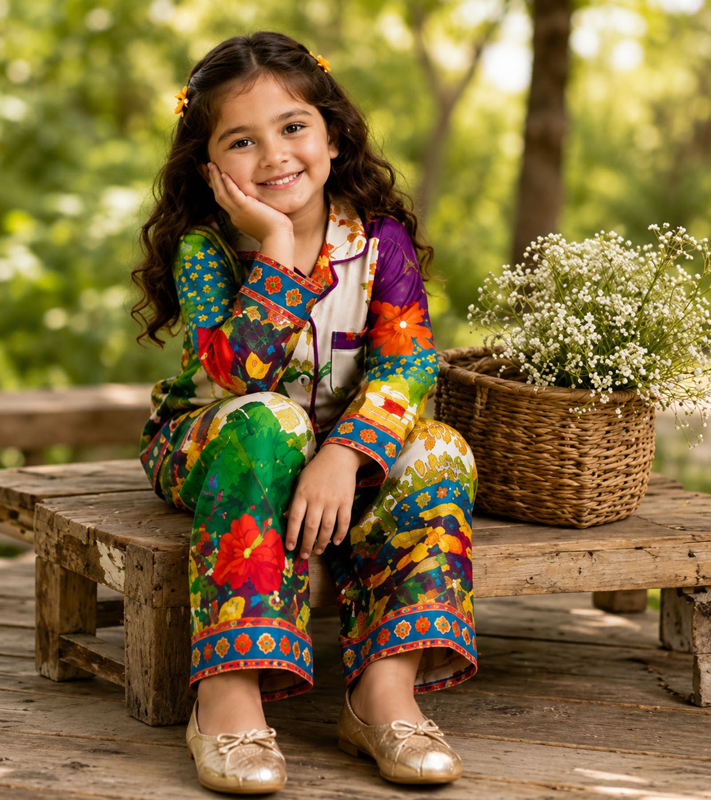 Garden Melody Printed Girls Pure Cotton Nightsuit Set