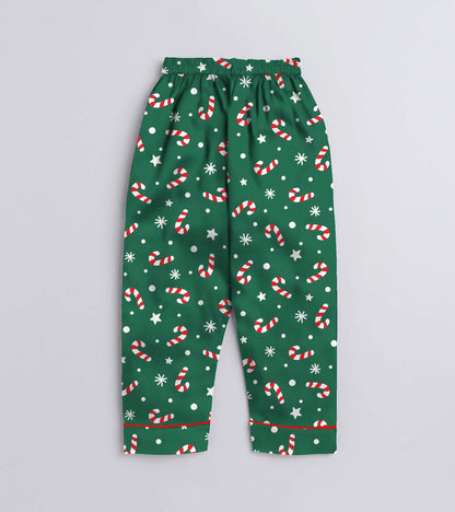 Green Christmas Theme Cotton Christmas Printed Nightsuit Set