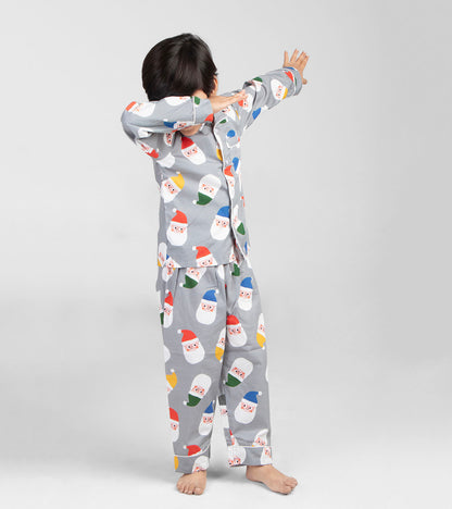 Multi Color Cap Grey Santa Christmas Printed Nightsuit Set