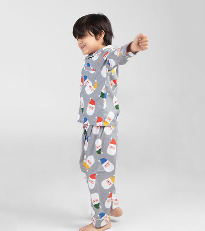 Multi Color Cap Grey Santa Christmas Printed Nightsuit Set
