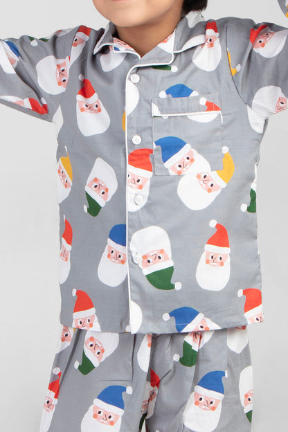 Multi Color Cap Grey Santa Christmas Printed Nightsuit Set