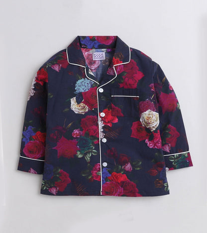 Black Floral Printed Nightsuit Set for Girls