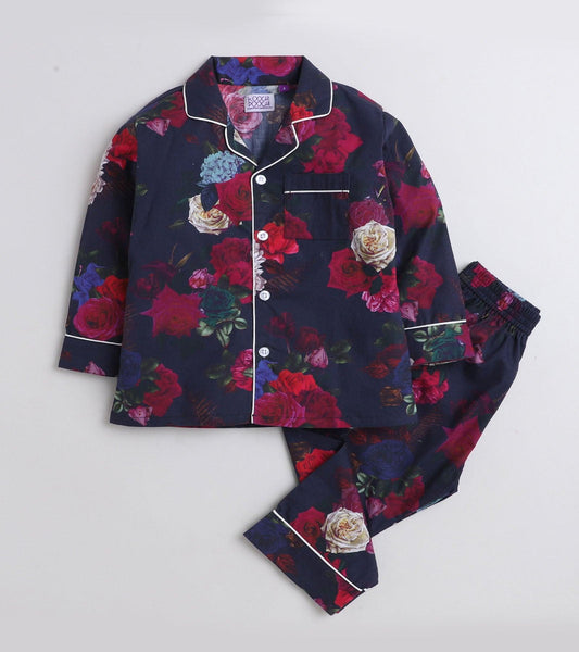 Black Floral Printed Nightsuit Set for Girls