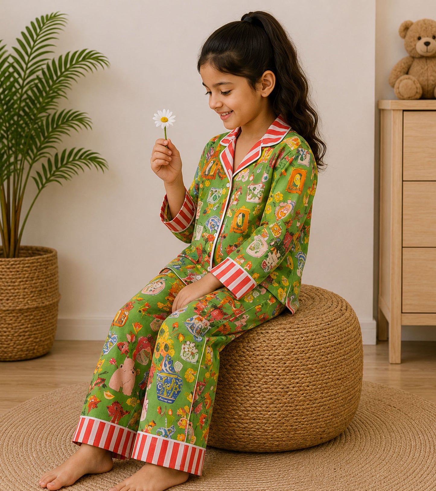 Little Woodland Dreams Printed Girls Pure Cotton Nightsuit Set