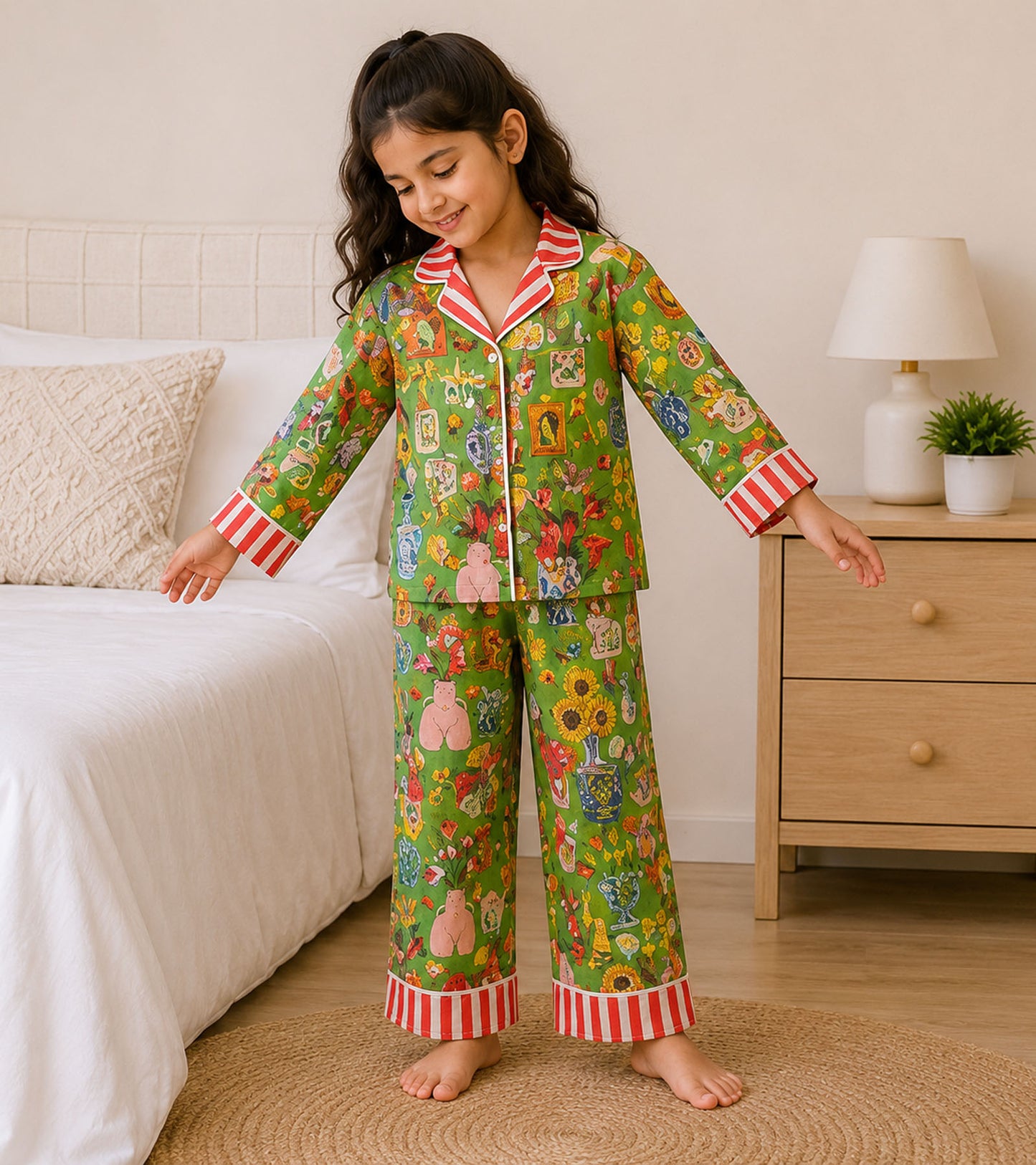 Little Woodland Dreams Printed Girls Pure Cotton Nightsuit Set