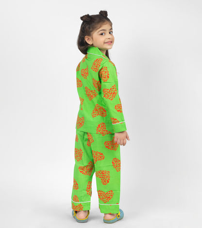 Love Art Green Printed Girls Nightsuit Set