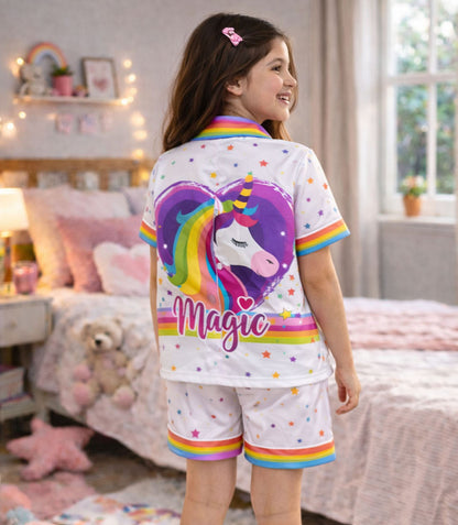 Magic Unicorn Printed Girls Pure Cotton Half Nightsuit Set