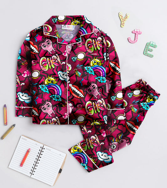 Girl Rainbow Printed Girls Pure Cotton Nightsuit Set