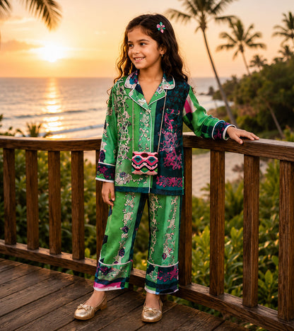 Mint Melody Printed Girls Pure Cotton Nightsuit Set