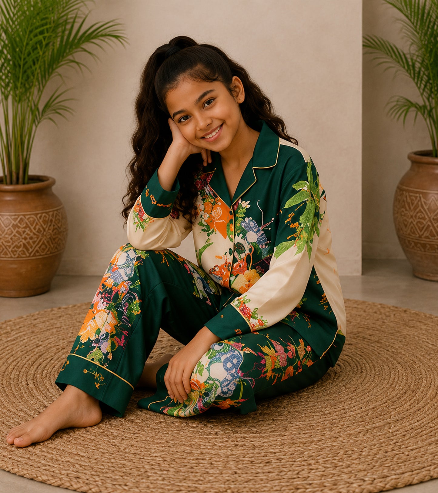 Moonlit Florals Printed Girls Pure Cotton Nightsuit Set