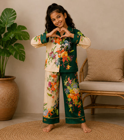 Moonlit Florals Printed Girls Pure Cotton Nightsuit Set