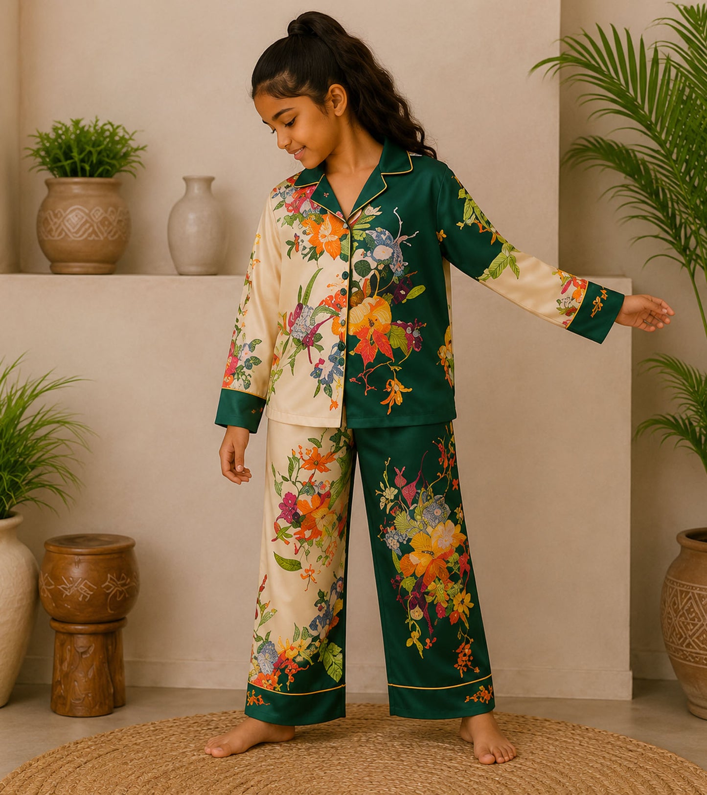 Moonlit Florals Printed Girls Pure Cotton Nightsuit Set