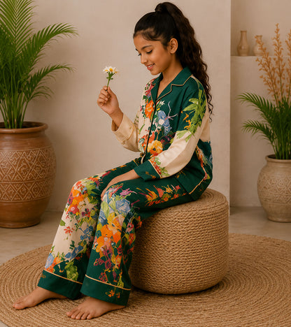 Moonlit Florals Printed Girls Pure Cotton Nightsuit Set