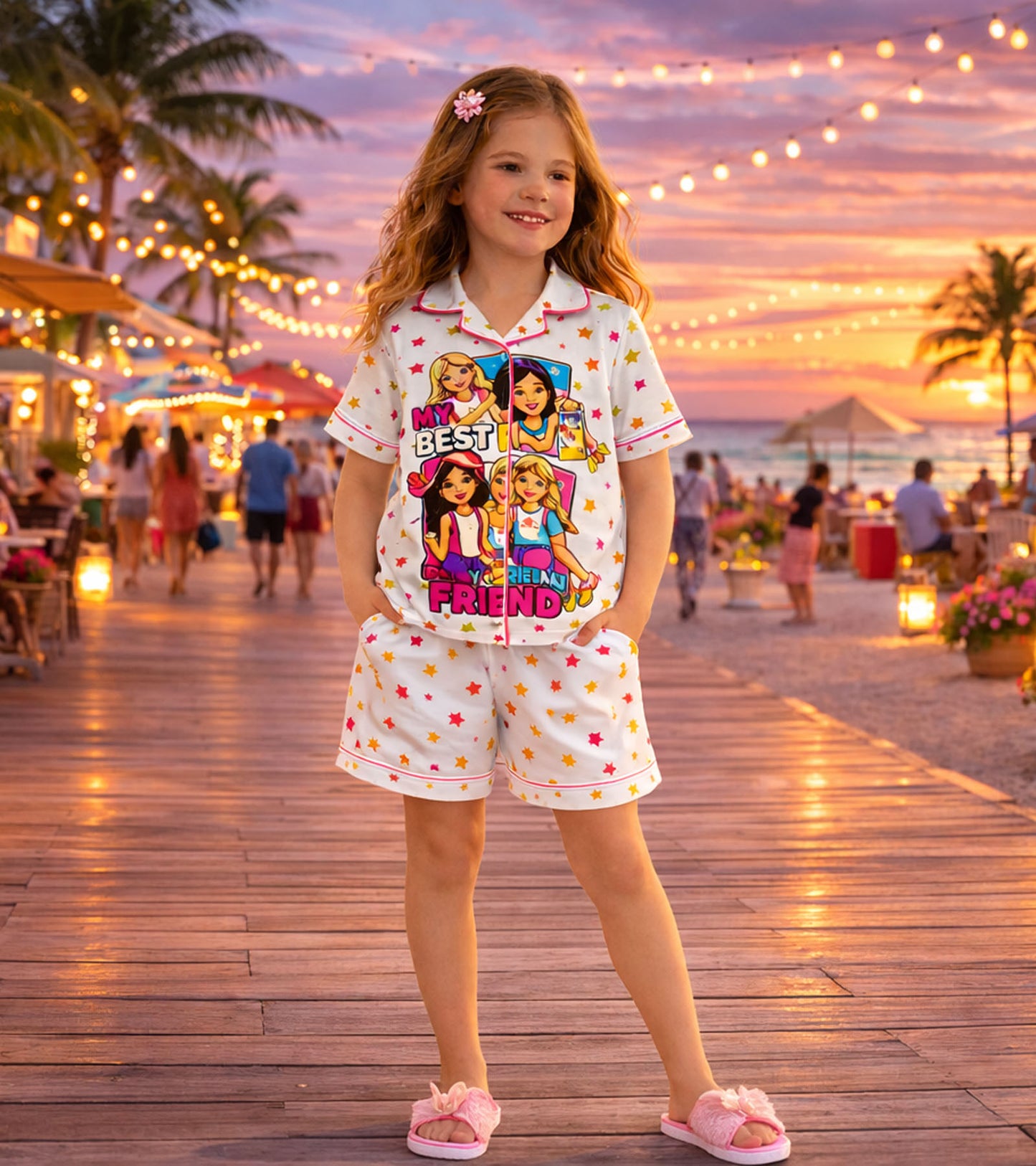 My Best Friend Printed Girls Pure Cotton Half Nightsuit Set