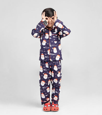 Navy Santa Face Christmas Printed Nightsuit Set