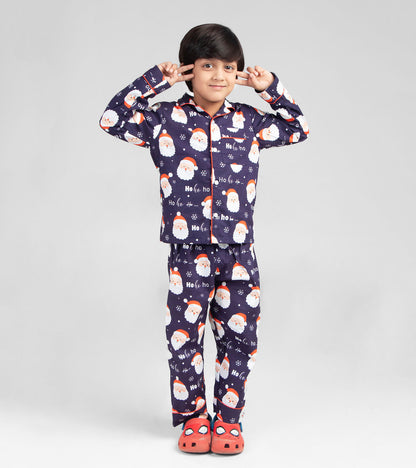 Navy Santa Face Christmas Printed Nightsuit Set