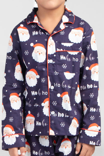 Navy Santa Face Christmas Printed Nightsuit Set