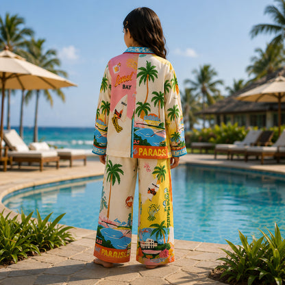 Paradise Postcard Printed Girls Pure Cotton Nightsuit Set
