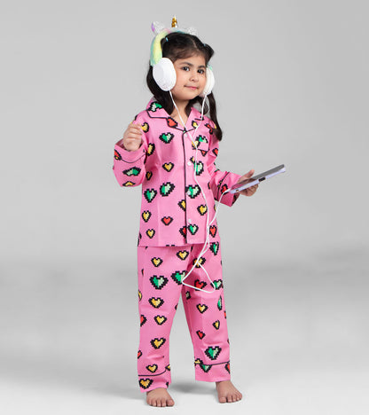 Pink Heart Printed Girls Nightsuit Set