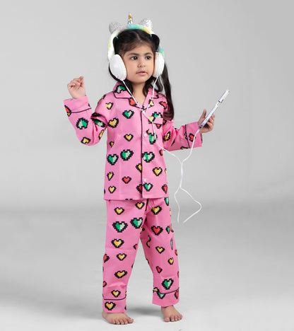 Pink Heart Printed Girls Nightsuit Set