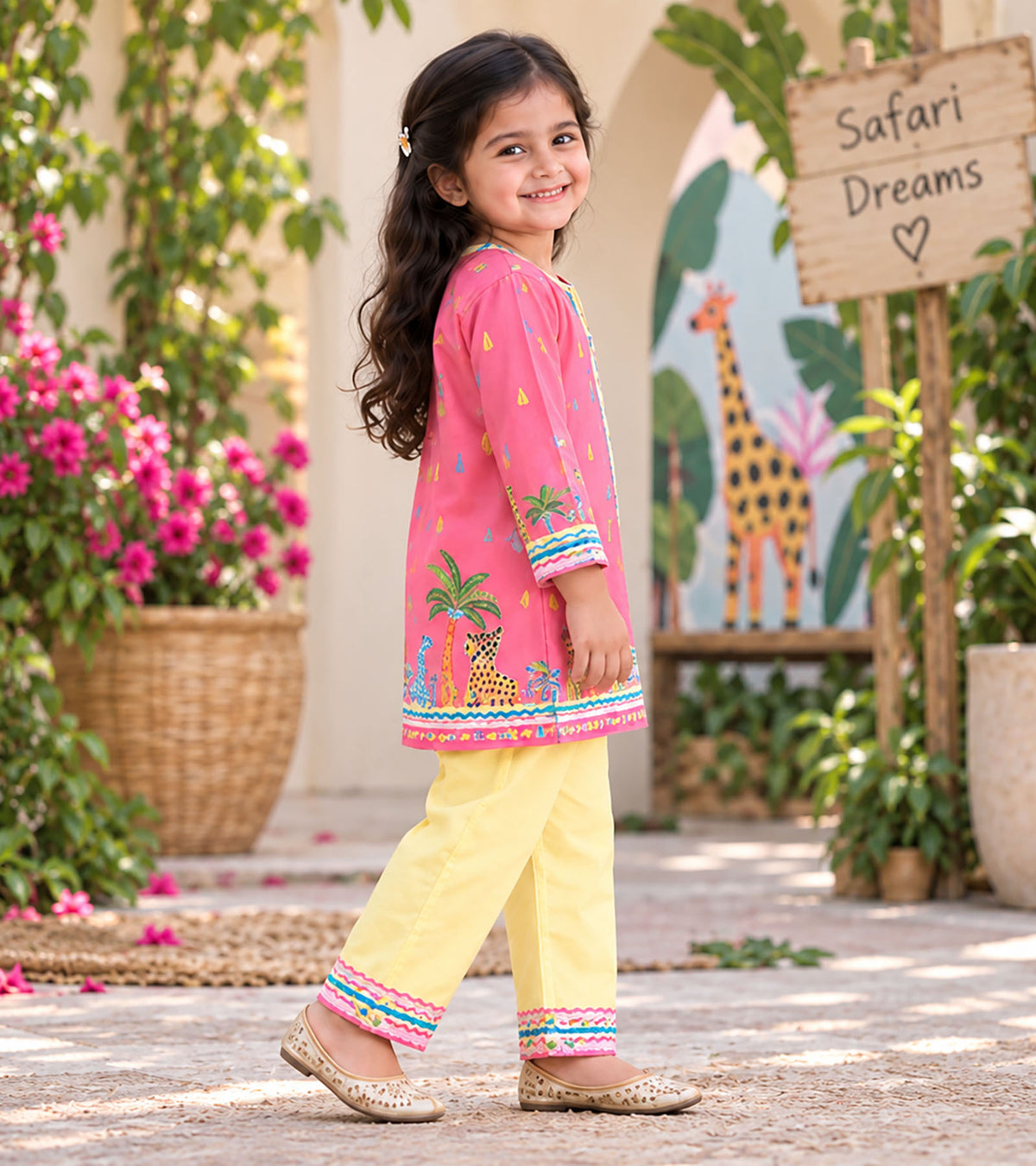 Pink Safari Girls Pyjama Kurta Set