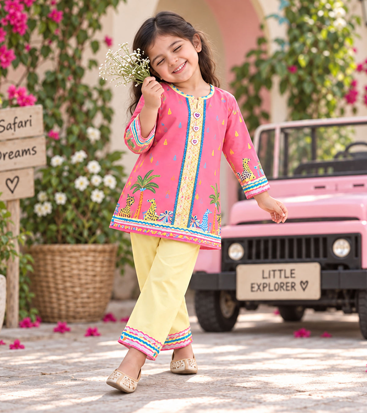 Pink Safari Girls Pyjama Kurta Set