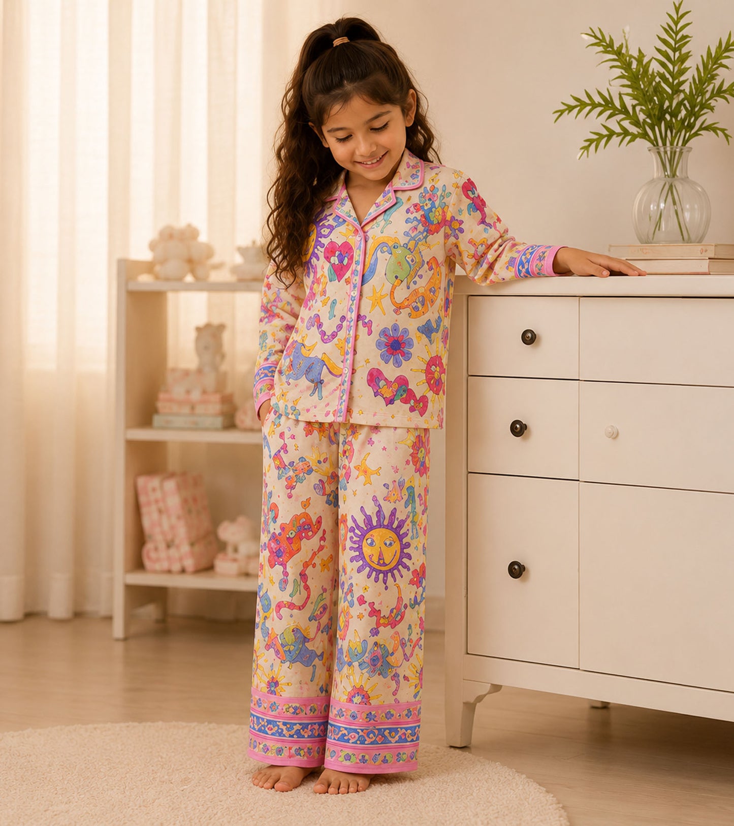Rainbow Whimsy Printed Girls Pure Cotton Nightsuit Set
