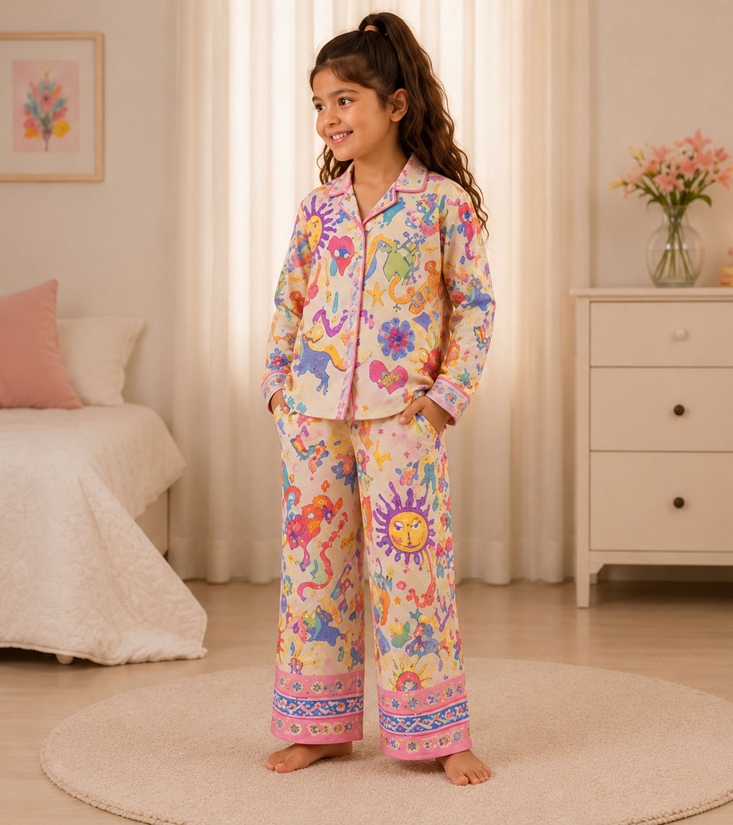 Rainbow Whimsy Printed Girls Pure Cotton Nightsuit Set