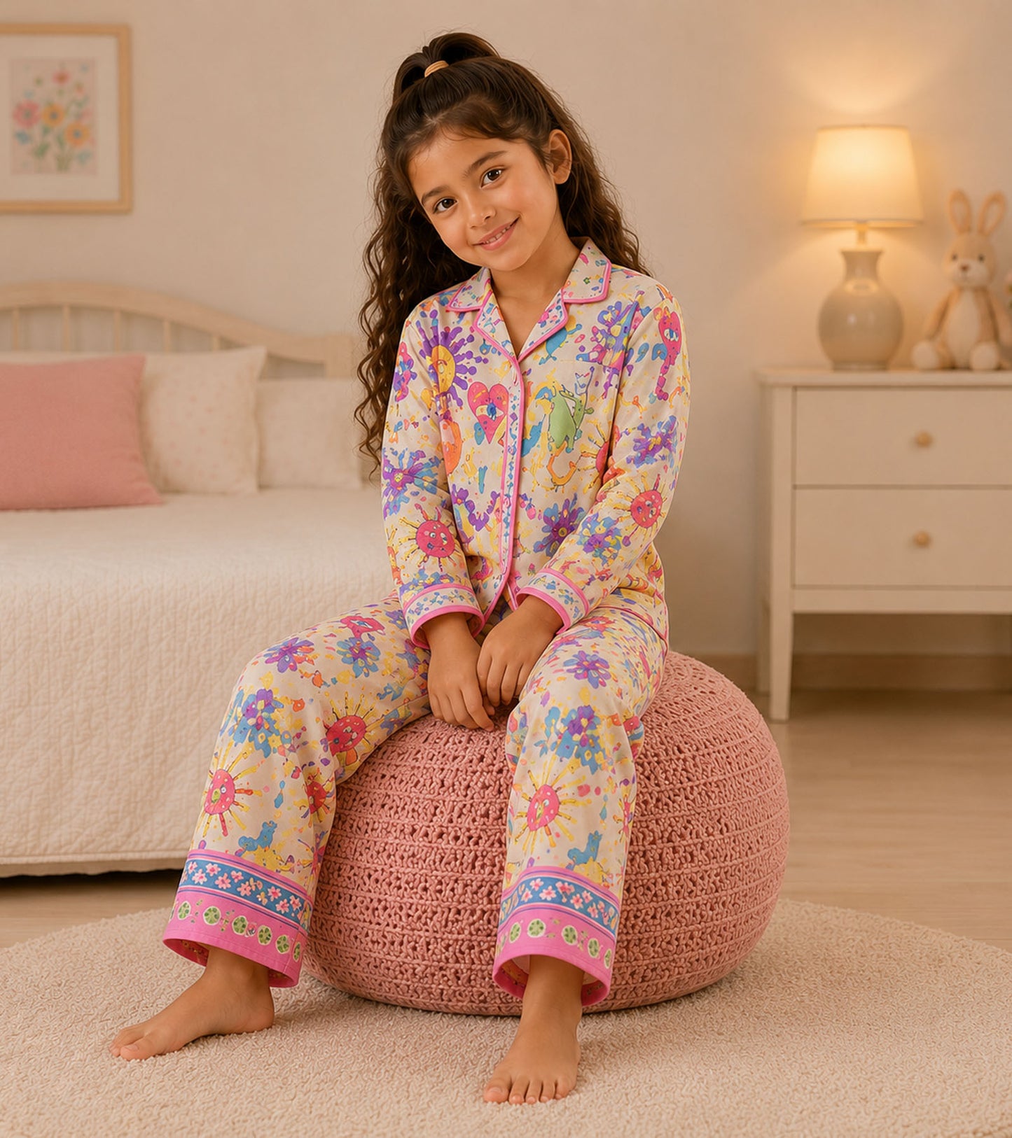 Rainbow Whimsy Printed Girls Pure Cotton Nightsuit Set