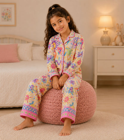 Rainbow Whimsy Printed Girls Pure Cotton Nightsuit Set