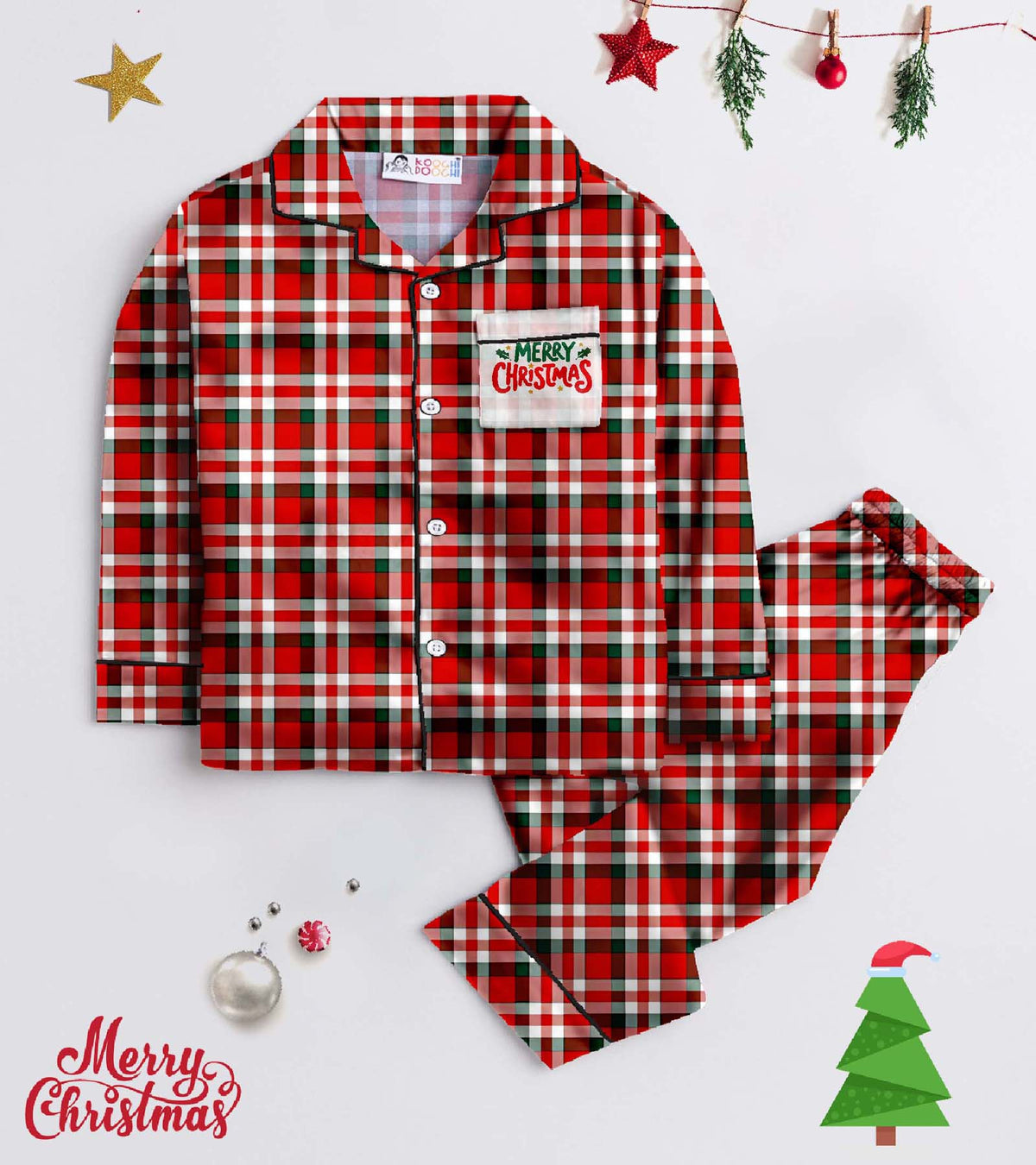 Red Checks  Pure Cotton Christmas Printed Nightsuit Set