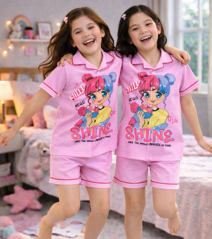 Shining Star Printed Girls Pure Cotton Half Nightsuit Set