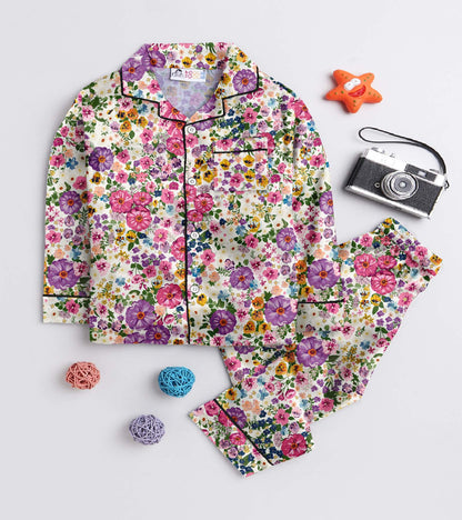 Small Flower Printed Girls Pure Cotton Nightsuit Set