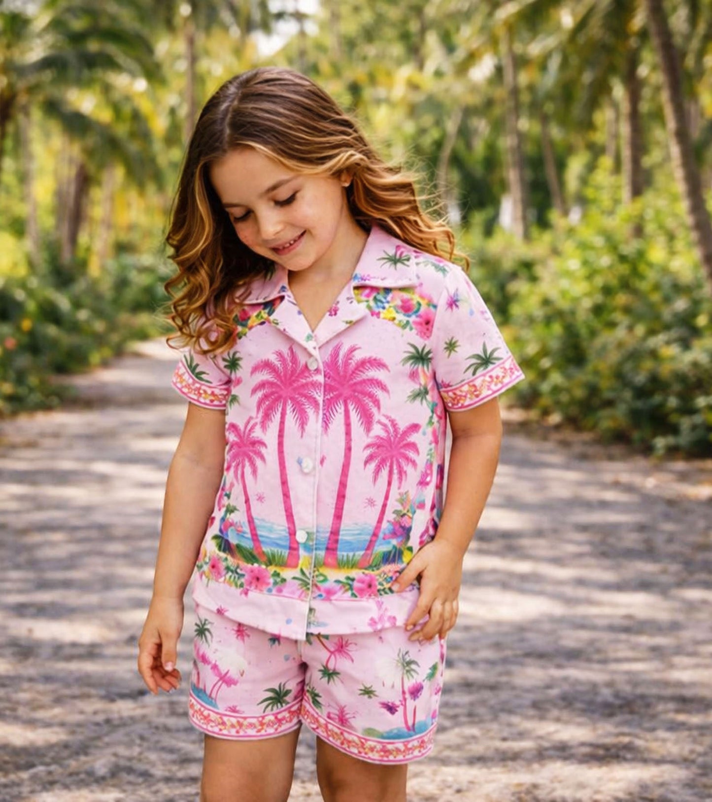 Tropical Palm Printed Girls Pure Cotton Half Nightsuit Set