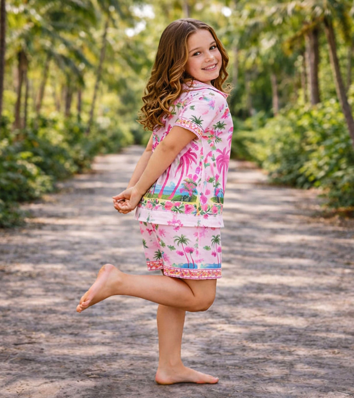 Tropical Palm Printed Girls Pure Cotton Half Nightsuit Set