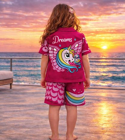 Unicorn Dark Pink Printed Girls Pure Cotton Half Nightsuit Set