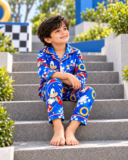 Turbo Dash Royal Blue Pure Cotton Printed Boys Nightsuit Set