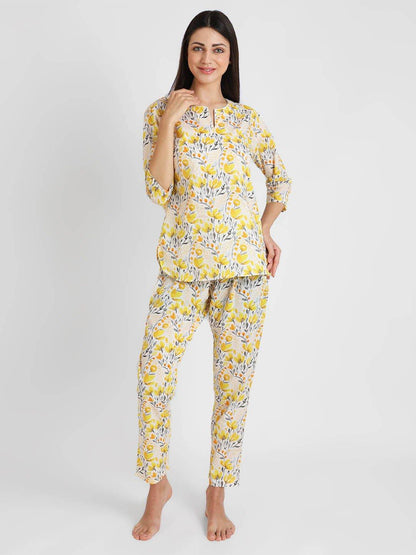 Yellow Tint Printed Nightsuit Set for Women