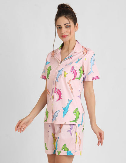 Handpainted Shark Printed Nightsuit Set for Women