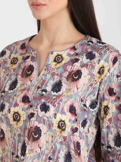 Mauve Floral Printed Nightsuit Set for Women