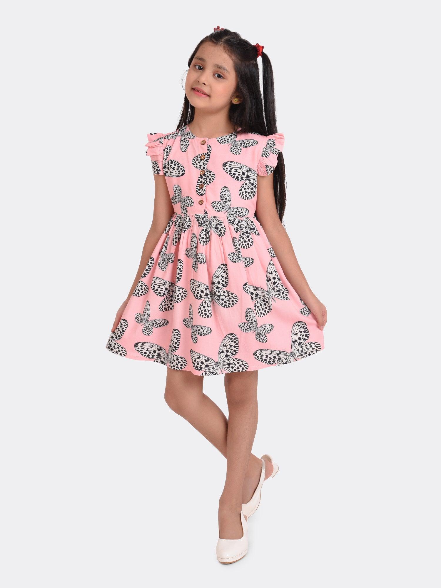 Pinky Butterfly Print Girls Dress