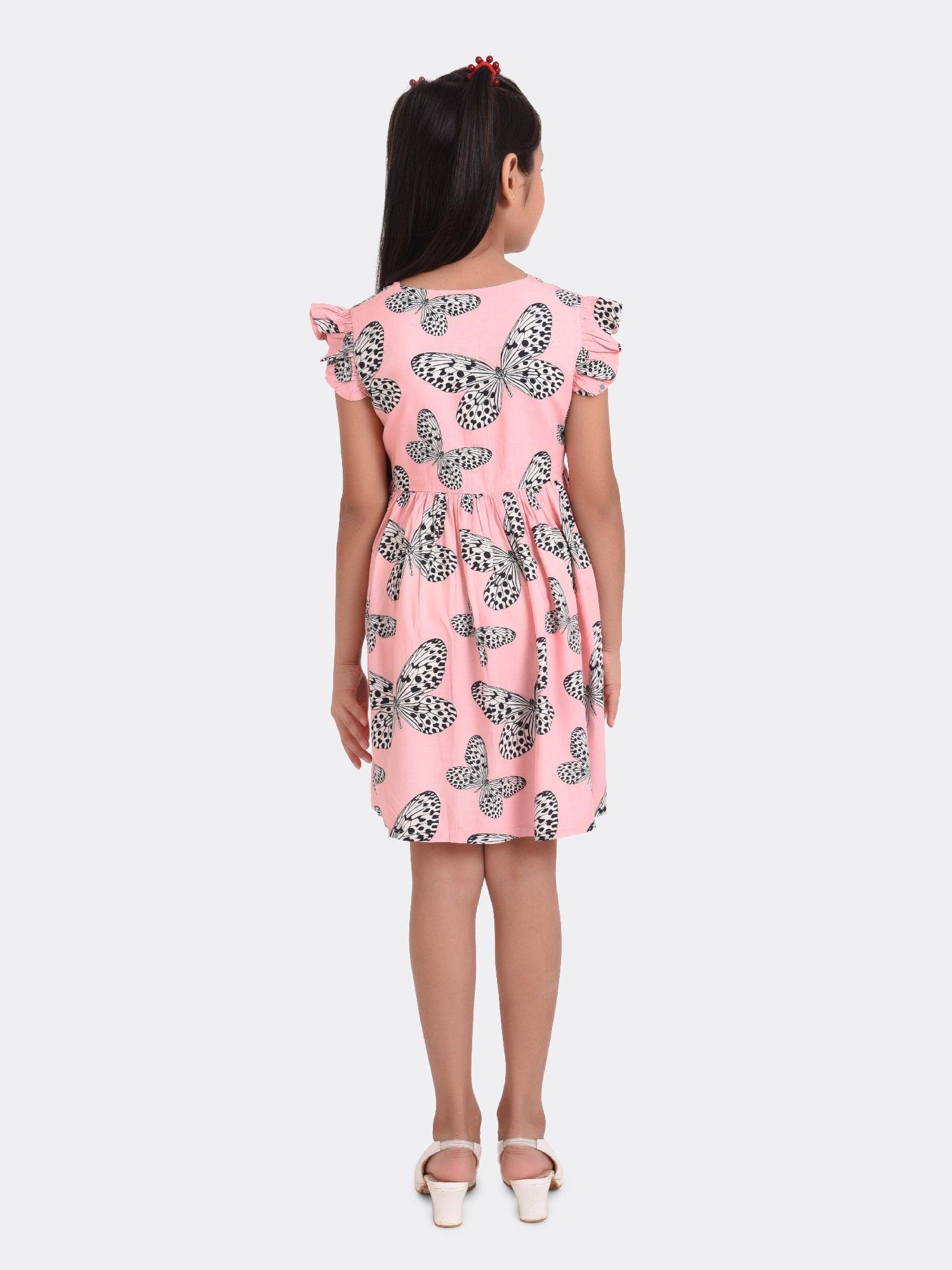 Pinky Butterfly Print Girls Dress
