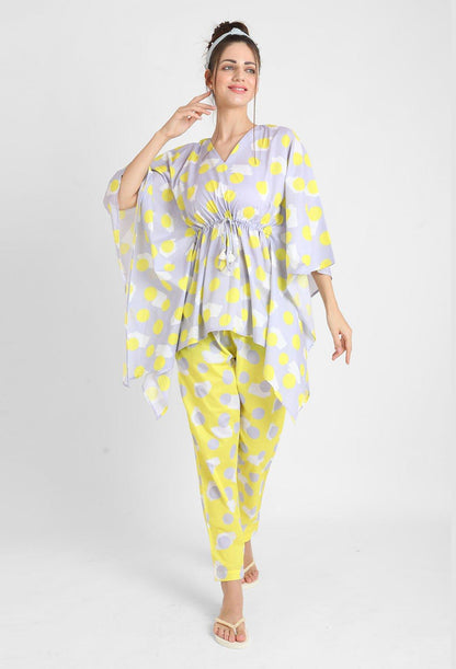 Yellow Polka Print Kaftan Pajama Set