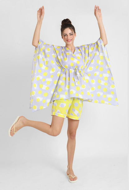 Yellow Polka Print Kaftan Shorts Set